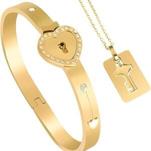 14K Gold Locking Bracelet With Key Silver Heart Lock and Key Set for Women